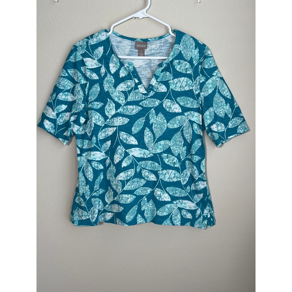 Chico's Horizon Stud-Trimmed Leaf Print Knit Tee – Green/White, Sz 1/large